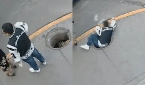 Un joven peruano en Trujillo cayó a un hueco e inmediatamente transeúntes fueron a ayudarlo. Cámara de seguridad en Trujillo capta a joven peruano cayendo a hueco tras robo de tapa por delincuente