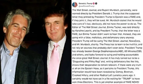 Donald Trump demanda a The Wall Street Journal por difamación, tras la publicación de una supuesta carta para Jeffrey Epstein. Alega que son "noticias falsas". Donald Trump demanda a The Wall Street Journal por difamación, tras la publicación de una supuesta carta para Jeffrey Epstein. Alega que son "noticias falsas".