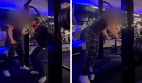 El joven sostenía una barre de 140 kilos sobre su espalda mientras realizaba sentadillas bajo la supervisión de un instructor. Foto: Composición LR/X. Hombre que se grababa alzando pesas en Brasil terminó captando la fractura de sus piernas