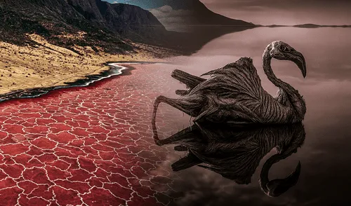 Su formación está ligada a procesos volcánicos del Sistema del Rift de África Oriental. Foto: Composición LR/NationalGeographic/Nick Brandt. El lago con geología volcánica que convierte animales en piedra, pero es clave para la reproducción de los flamencos enanos