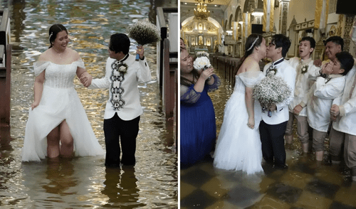 Jade Rick Verdillo y Jamaica Aguilar se casaron pese al desafío climático en Filipinas.