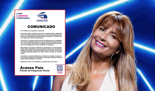 Avanza País desmiente candidatura de Olenka Zimmermann con un comunicado. Avanza País desmiente candidatura de Olenka Zimmermann con un comunicado.