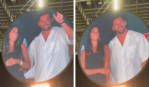 Lionel Messi y Antonela Roccuzzo captados por kiss cam en concierto de Coldplay. Foto: composición LR/difusión Lionel Messi y Antonela Roccuzzo captados por kiss cam en concierto de Coldplay
