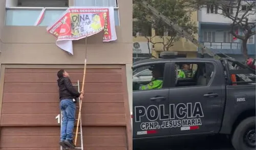 Policía vestido de civil fue captado retirando la pancarta en contra Boluarte y luego abordando un vehículo policial