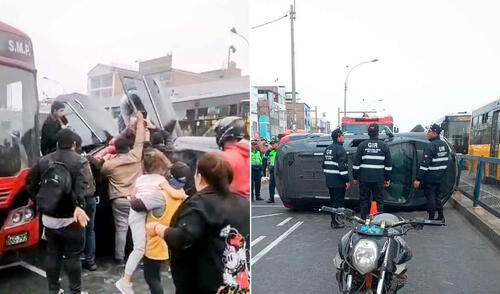 accidente de tránsito en Comas Aparatoso accidente en la av. Universitaria con Belaúnde en Comas: auto se vuelca y deja varios heridos