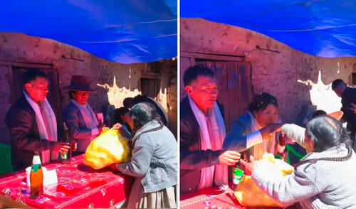 La adulta mayor se acercó a los recién casados con una bolsita plástica donde llevaba los choclos para entregarle a la pareja. La novia no dudó en agradecerle el regalo con un tierno beso en la mano de la adulta mayor.