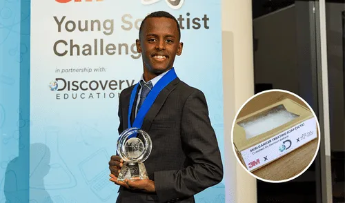 El adolescente Heman Bekele ganó el Desafío de Jóvenes Científicos 3M por su invento. El adolescente Heman Bekele ganó el Desafío de Jóvenes Científicos 3M por su invento.