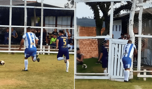 Tras la jugada dividida, uno de los dos jugadores le cierra la puerta a su contrincante para que no reingrese a la cancha.