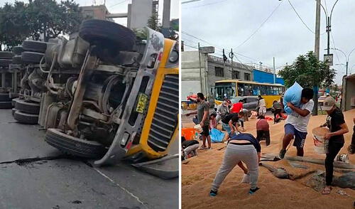 Vecinos de la zona saqueando la carga del camión, el cual terminó volcado tras un accidente. Foto: Composición LR Vecinos de la zona saqueando la carga del camión, el cual terminó volcado tras un accidente. Foto: Composición LR
