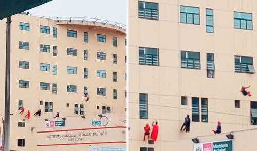 Sujetados por largas cuerdas y con equipos de seguridad, los superhéroes subieron mientras realizaban gestos y movimientos característicos de cada personaje. El video conmovió los corazones de los usuarios en TikTok por el noble gesto de los superhéroes en el INSN de San Borja.