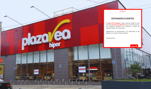 Plaza Vea comunicó que el jueves 21 de agosto tendrá una nueva hora de cierre a nivel nacional. Plaza Vea comunicó que el jueves 21 de agosto tendrá una nueva hora de cierre a nivel nacional.