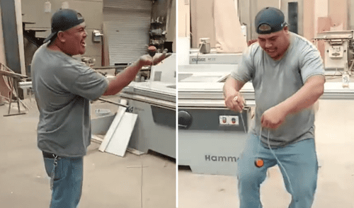 Carpintero sorprende al destapar botella con un trompo. Carpintero sorprende al destapar botella con un trompo.