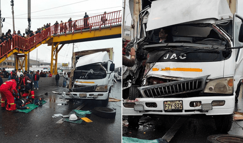 Fuerte colisión entre bus y camión deja copiloto herido en VES Fuerte colisión entre bus y camión deja copiloto herido en VES