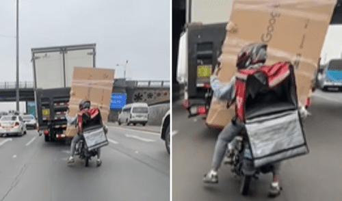 Delivery sorprende al trasladar televisor en su motocicleta.