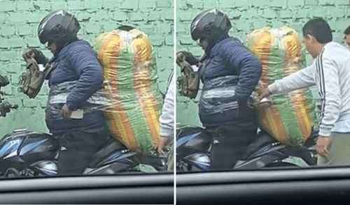 Repartidor sorprende al pegarse mercadería a su cuerpo con cinta adhesiva. Repartidor se pega mercadería a su cuerpo.