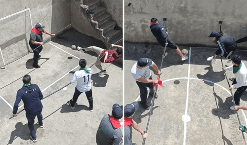 Hombres imitan fulbito de mesa en vida real.