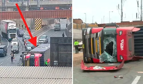 Camión termina volcado en el peaje Estadio. Foto: Composición LR/Canal N