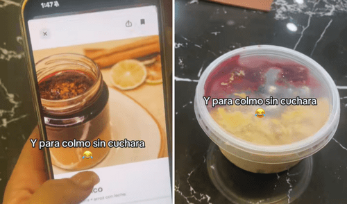 La peruana pensó que la mazamorra con el arroz con leche le llegaría en el frasco, tal y como aparece en la foto de la app de comida. mazamorra morada, arroz con leche, app de comida, Perú