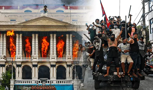 Las protestas en Nepal comenzaron el 4 de septiembre, cuando el gobierno bloqueó 26 plataformas de redes sociales. Foto: Composición LR/AFP. Las impactantes imágenes que dejan las protestas en Nepal: incendio en el Parlamento, armas en las calles y caos