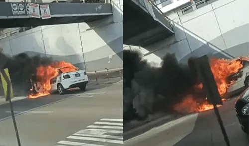 Auto prende fuego en medio de la pista. Foto: composición LR