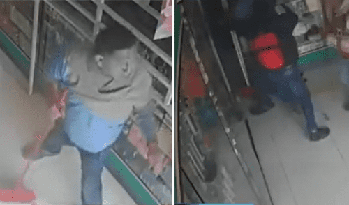 Delincuentes armados asaltaron a dueño de botica y le rompieron la cabeza en SMP. Dueño de botica defiende su negocio a escobazos de delincuentes armados.