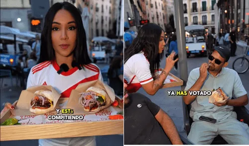 Influencer venezolana hace probar a la gente en España el pan con chicharrón peruano.