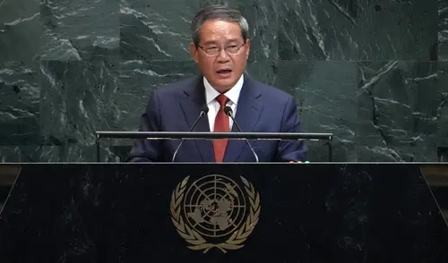 Li Qiang dando su discurso durante la Asamblea General de la ONU en Nueva York. Foto: AFP