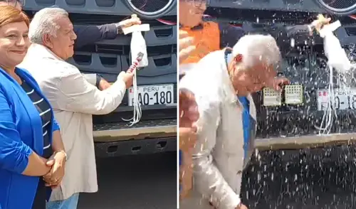 Cesar Acuña rompe botella y champán le empapó la cara Cesar Acuña rompe botella y champán le empapó la cara