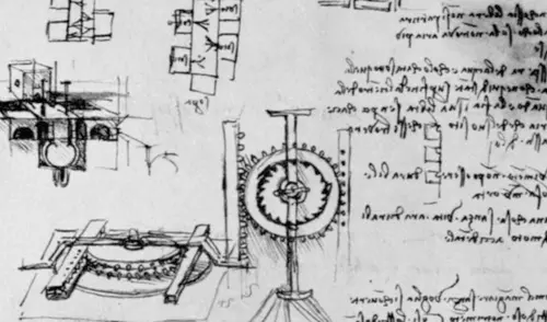Bocetos del cuaderno de notas de Leonardo Da Vinci y su famoso estilo de “escritura especular”.