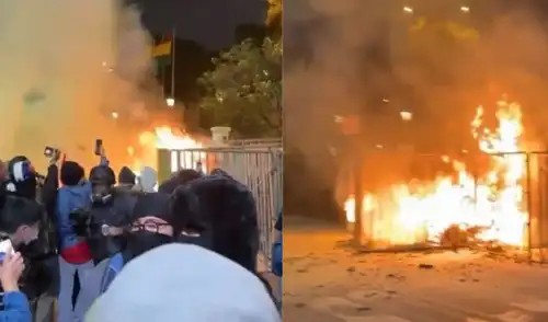 Durante los enfrentamientos se prendió fuego a las afueras del Congreso. Foto: Composición/LR Congreso