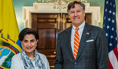 La canciller ecuatoriana Gabriela Sommerfeld sostuvo un encuentro con Michael Jensen. Foto: X/@DeputySecState. Estados Unidos reafirma lazos con Ecuador tras reunión de representantes en Washington: "Mejor momento en décadas"