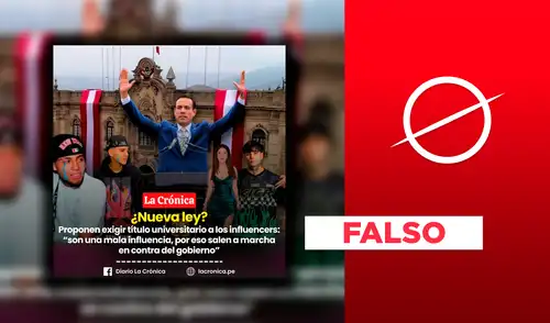 Es falso que el Gobierno peruano haya propuesto un proyecto de ley que obligue a los influencers a tener un título universitario para crear contenido en redes sociales. Es falso que el Gobierno peruano haya propuesto un proyecto de ley que obligue a los influencers a tener un título universitario para crear contenido en redes sociales.