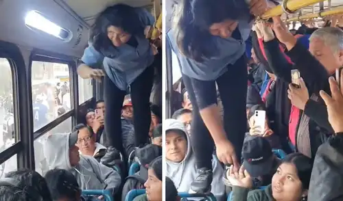Cobradora de microbús se trepa en asientos para recoger pasaje en vehículo lleno: “Nadie se escapa”