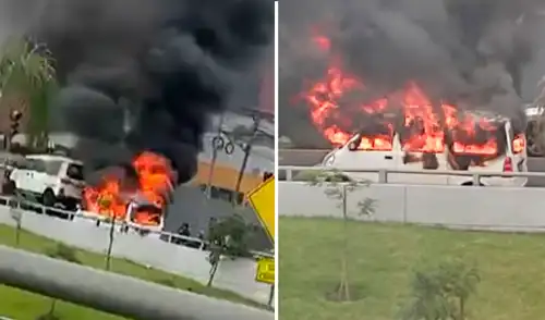 Dos unidades del Cuerpo General de Bomberos atienden la emergencia que ha ocasionado congestión en la vía. Foto: Composición LR