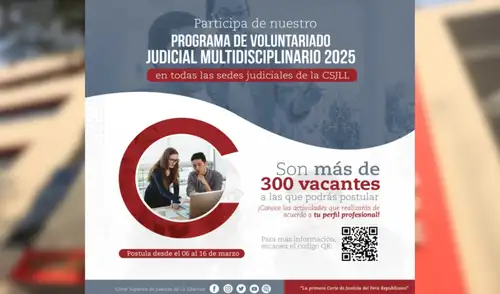 Con 365 vacantes disponibles, el programa busca aliviar la sobrecarga en procesos judiciales. Fuente: Difusión.