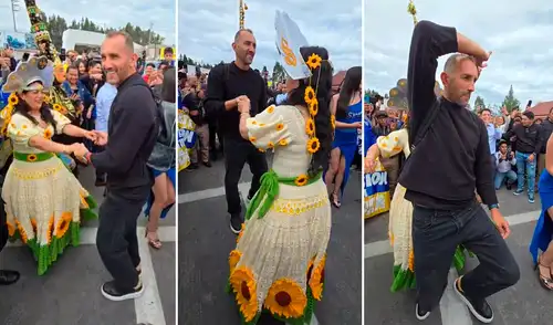 Hernán Barcos fue invitado a bailar por una comparsa. Foto: captura de Portafolio Periodístico Perú de Tony Alvarado A./Facebook