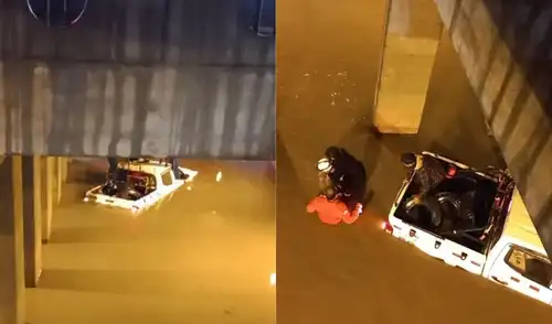 La intensa lluvia en Arequipa el 16 de febrero afectó varios puntos, inundando un baipás vehicular y atrapando momentáneamente a dos vehículos, que fueron rescatados por bomberos.