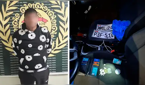 En el vehículo del detenido se encontraron placas falsas y otros objetos que utilizaba para cometer los robos. Foto: Composición LR / PNP