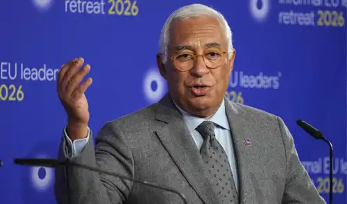 El presidente del Consejo Europeo, Antonio Costa, habla durante una conferencia de prensa al final de la reunión de líderes.