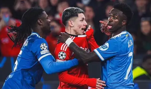 El incidente entre Prestianni y Vinícius Jr. se produjo durante un reciente Benfica-Real Madrid por Champions League. Foto: AFP Gianluca Prestianni, Vinícius Jr