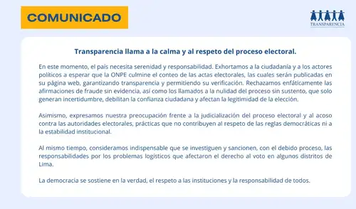 Transparencia hace un llamado a la calma y exige difusión de información oficial por parte de los organismos electorales.