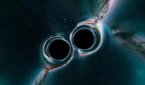 Ilustración que muestra dos agujeros negros comenzando a colisionar. Foto: Shutterstock