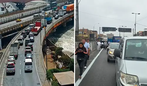Efectivos de la Policía Nacional cerraron un tramo de la Línea Amarilla, lo que ocasionó la congestión.