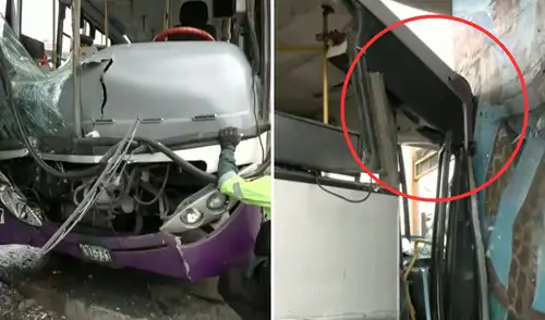 Bus del corredor Morado chocó contra columna del Metro 1 de Lima, cerca de la estación Bayóvar en SJL