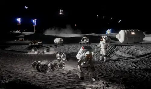 Representación artística de actividades humanas en una futura base lunar. Foto: NASA Representación artística de actividades humanas en una futura base lunar. Foto: NASA