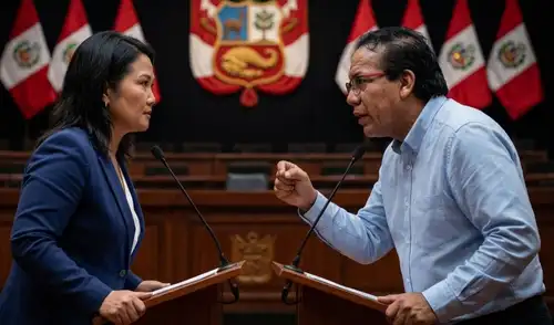 Keiko Fujimori y Roberto Sánchez se miden en debate presidencial EN VIVO | Foto: Google Gemini. Keiko Fujimori y Roberto Sánchez se miden en debate presidencial EN VIVO