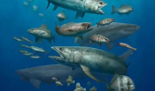 Ilustración de la diversidad de peces de 62,2 millones de años hallados en el yacimiento fósil de Qreiya 3. Foto: Ian Baylatry/NatGeo