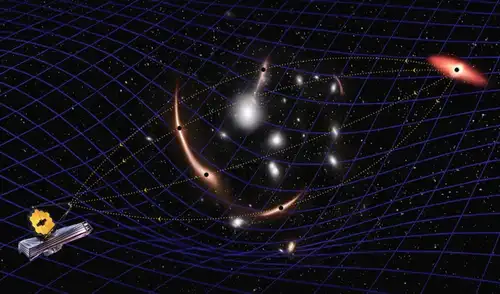 Ilustración del telescopio espacial James Webb observando la galaxia anfitriona del agujero negro mediante una lente gravitacional. Foto: Navid Marvi/Carnegie Science