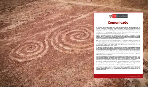 El Ministerio de Cultura identificó a cinco sospechosos por la pérdida total de geoglifo Triple Espiral. geoglifo Triple Espiral, La Libertad geoglifo