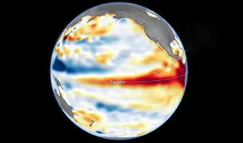 El fenómeno El Niño se caracteriza por temperaturas del agua superiores a lo normal. Foto: NASA/Lauren Dauphin El fenómeno El Niño se caracteriza por temperaturas del agua superiores a lo normal. Foto: NASA/Lauren Dauphin